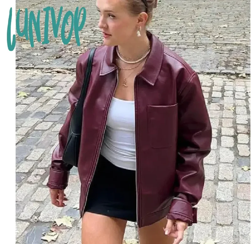 Lunivop New Bow Y2k Motorcycle Pu Leather Jacket For Women Zipper Polo-neck Sweet Cool Coat 2024 Spring Chic Vintage Street Oversize Top