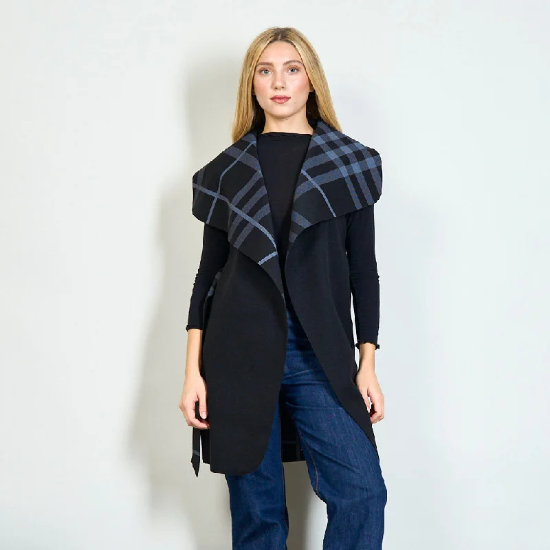 Sleeveless belted coat with tartan pattern interior wholesale