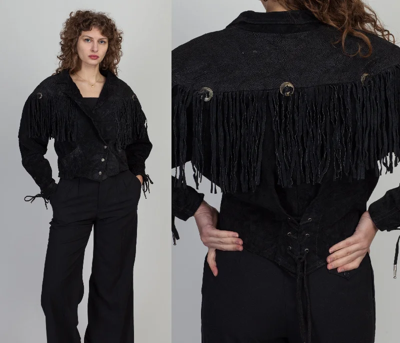 Vintage 80s Black Suede Fringe Crop Jacket - Medium