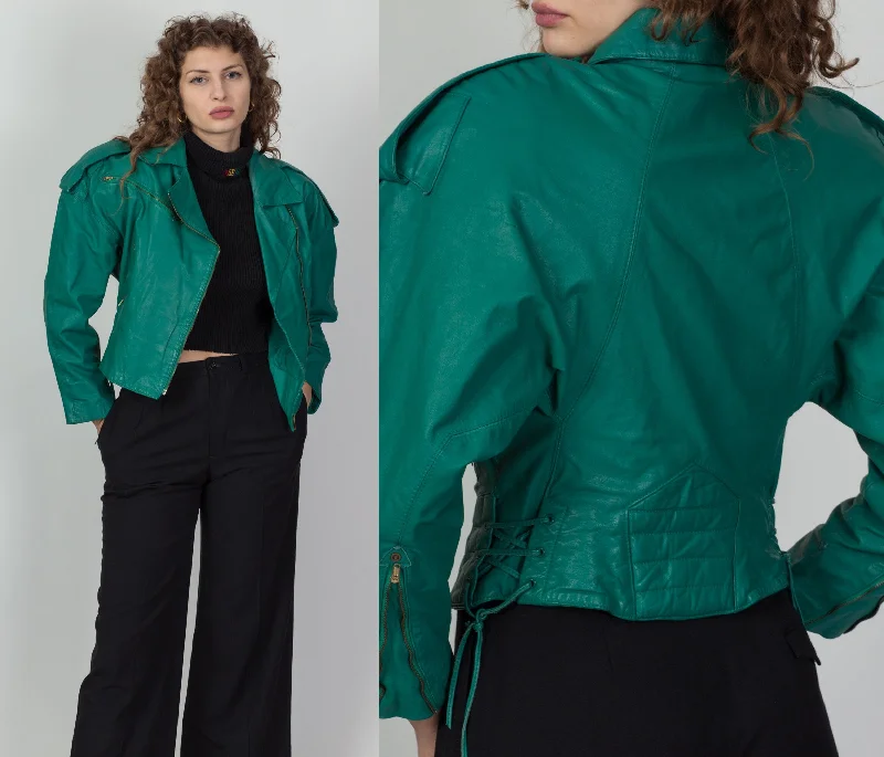 Vintage 80s Teal Green Leather Crop Jacket - Small