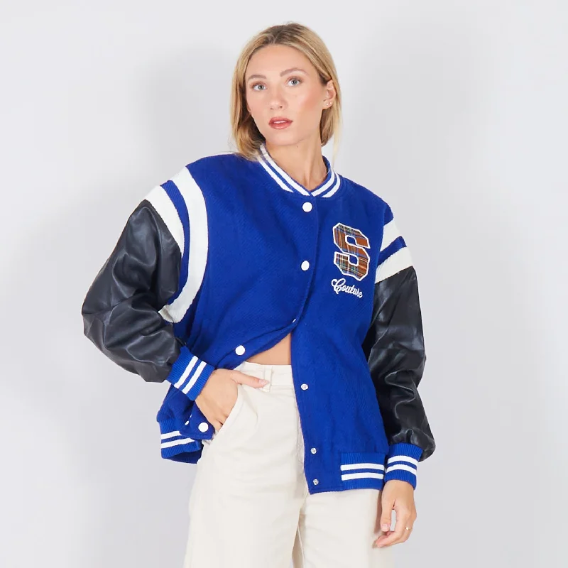 Wholesale collage jacket with faux leather sleeves