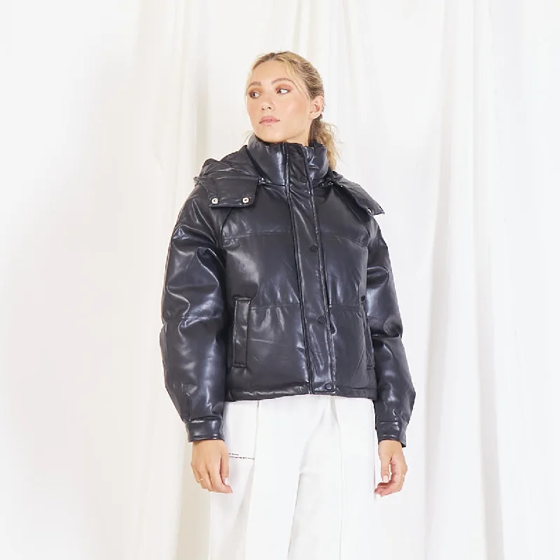 Wholesale leather padded jacket with detachable hood