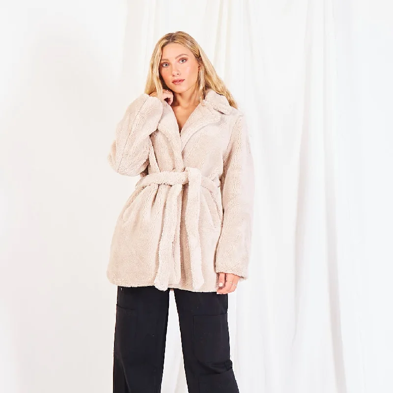 Wholesale sherpa mid-length coat with belt