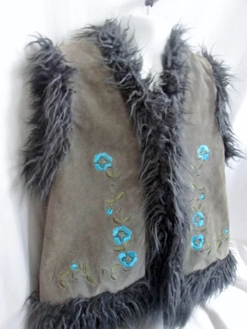 Youth Girls DUBSTER SUEDE Fur JACKET Coat Vest 6 GRAY Floral Hippie Embroidered